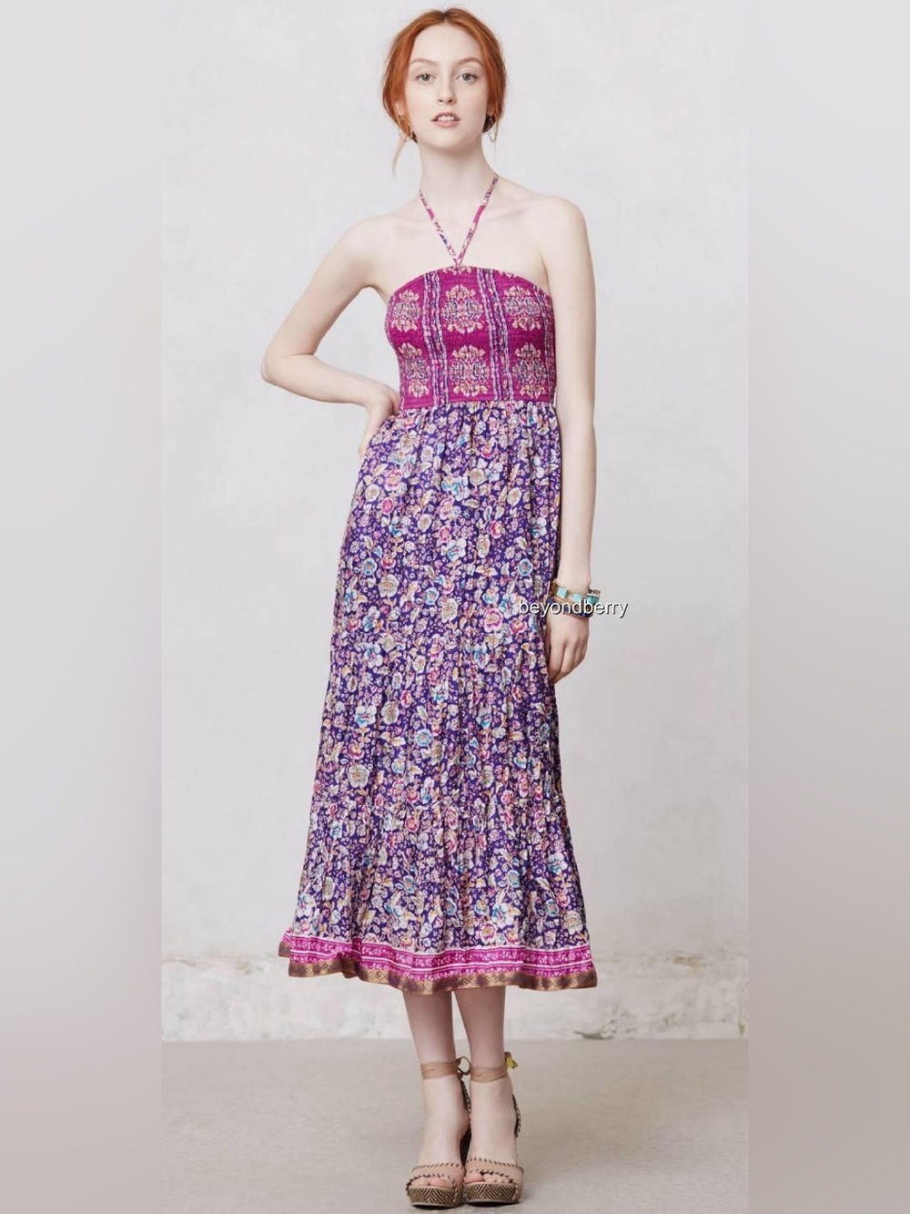Maeve Strapless Floral Midi Dress in Purple and Magenta